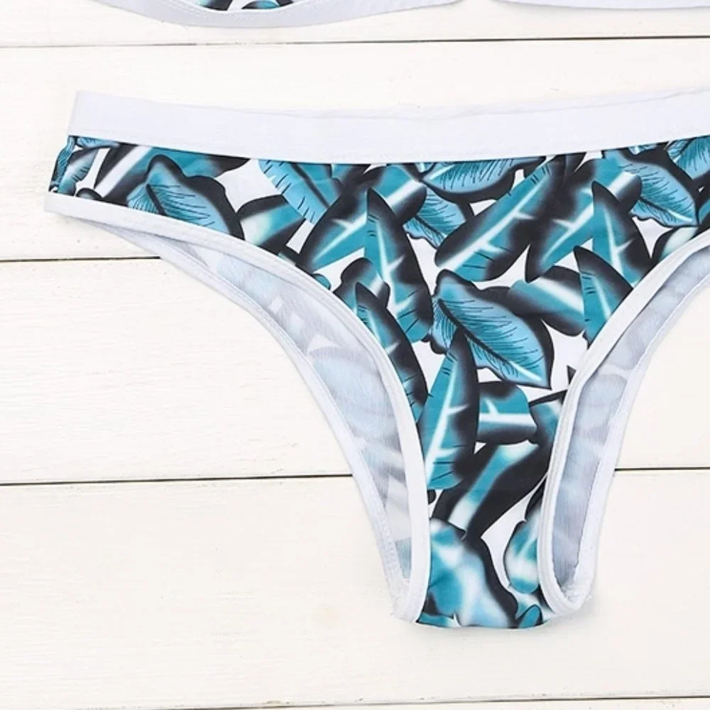 Leaf Printed Sexy Bikini Set blue white M, L  NEW